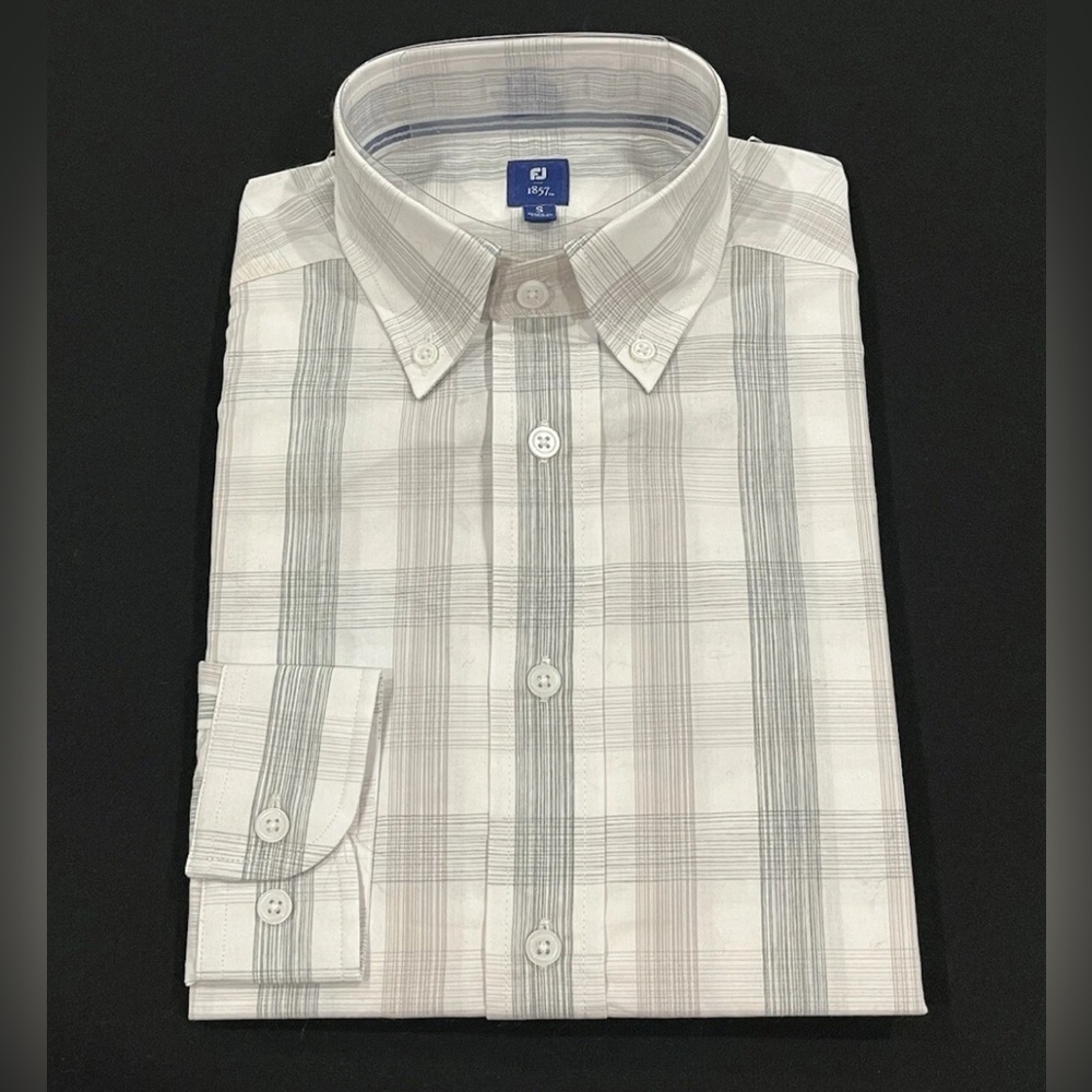 FJ 1857 Men’s Small Gray & White Cotton Check Woven Shirt - FootJoy Golf